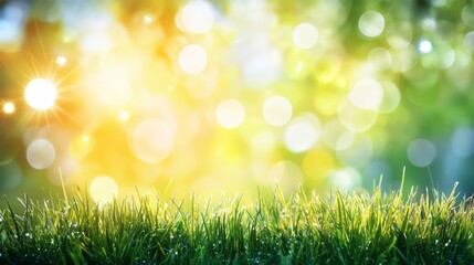 Obraz premium An abstract background with light bokeh and a sunny spring meadow. Green grass and a blue sky.