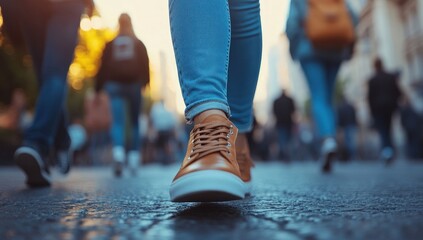 Fototapeta premium Close up shot of feet walking on a city street with other people in the background.