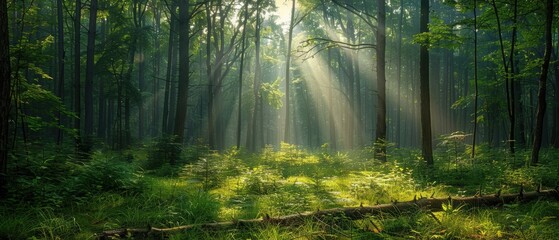 Serene Sunlit Clearing in Lush Dense Forest - Nature's Tranquility in the Woods