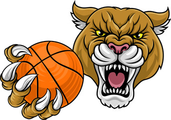 Cougar panther mountain lion puma wildcat cat basketball mascot sports team mascot holding a ball