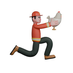 Cartoon Illustration of a Male Firefighter. A firefighter is running while holding a chicken rescued from a dangerous area. 3D Style