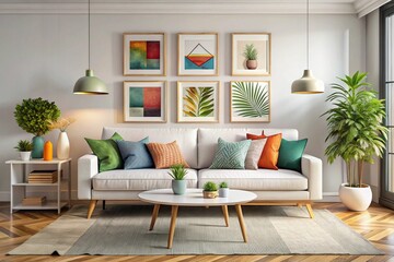 Fototapeta premium Scandinavian interior design of modern living room, home. Colorful vibrant pillows on white sofa against wall with art poster frame
