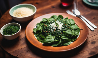 A plate of spinach, topped with cheese, sits on a wooden table, ready to be enjoyed