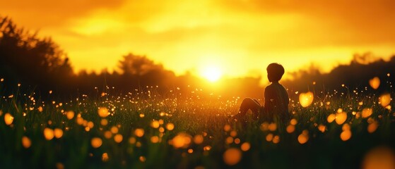 Fototapeta premium A serene silhouette of a child enjoying a vibrant sunset in a field filled with glowing flowers, evoking peace and wonder.