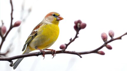 Yellow Bird Perched on a Branch with Pink Buds