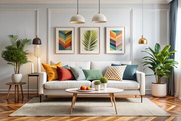 Scandinavian interior design of modern living room, home. Colorful vibrant pillows on white sofa against wall with art poster frame