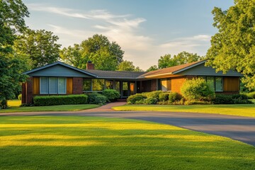 Fototapeta premium A modern house surrounded by lush greenery and a well-maintained lawn.