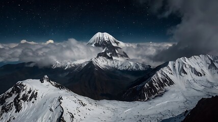A breathtaking view of a snow-capped mountain peak under a starry night sky with surrounding clouds and rugged terrain