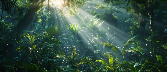 Obraz premium Lush Green Jungle Canopy with Sunlight Filtering Through - Natural Paradise in the Tropics