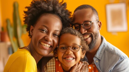 smiling African American family with braces in a living room with yellow walls, young girl sitting between parents, mother with short curly hair, and glasses, family portrait