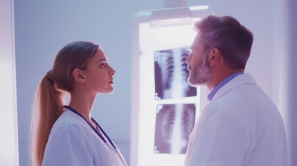 Naklejka premium young female doctor with long brown hair in a white coat talking to a middle-aged male patient near an X-ray film in a light purple hospital room with bright lighting