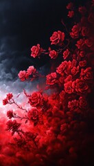A stunning arrangement of red roses amidst dark clouds, creating a dramatic and captivating floral scene.