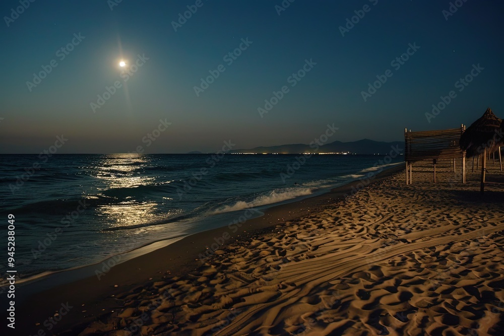 Poster a full moon shines over the ocean on a beach