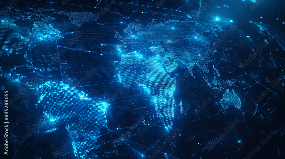 Poster abstract global network concept with a blue glowing world map, data transfer and cyber technology ba
