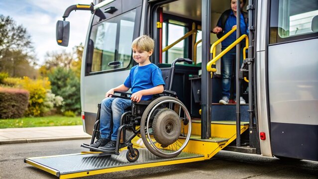  child in a wheelchair gets on the bus along the ramp. An adult accompanies her, emphasizing accessibility and mobility. This scene highlights inclusivity and independence in public transport.