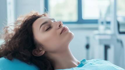 beautiful woman lying on the dentist's chair with closed eyes in a dental clinic, close-up of a female patient sleeping in a medical office