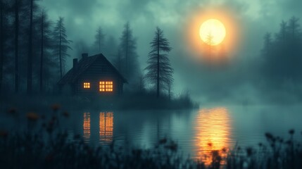 Fototapeta premium A Tranquil Cabin Retreat Under a Full Moon in the Forest