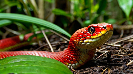 Fototapeta premium Red Snake in Tropical Rainforest: Exotic Wildlife Photography Highlighting Beautiful Scales and Mystical Camouflage in Natural Habitat