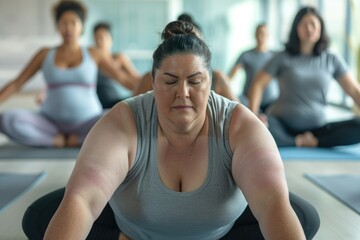 Group Yoga Class Featuring Overweight Individuals Practicing Meditation in a Studio Setting