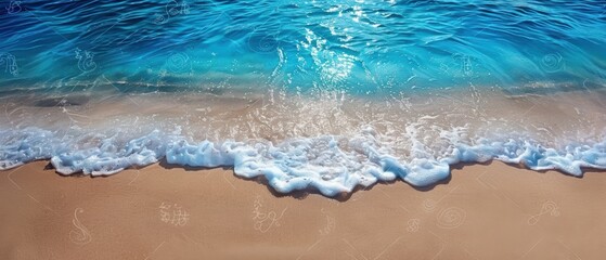 Serene Seaside Paradise: Crystal-Clear Ocean Waves Embracing a Sandy Beach