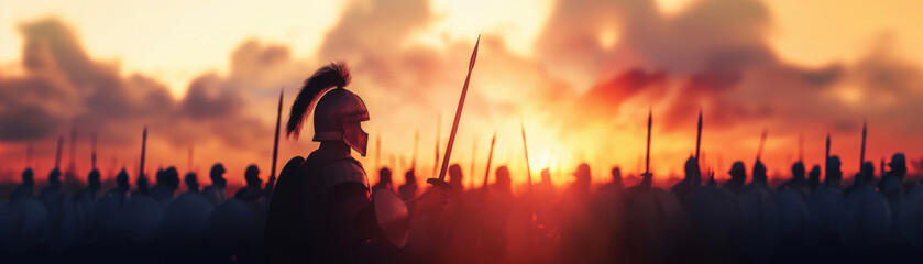 Warrior leading an ancient army at sunrise, historical battle scene with soldiers armed with spears, dramatic sky backdrop.