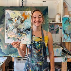 Fototapeta premium A young artist with paint-splattered overalls holding up a finished painting, smiling proudly in an art studio.