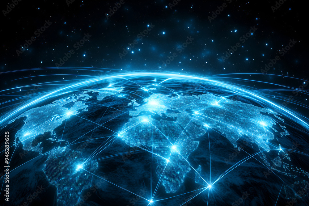 Poster abstract global network concept with a blue glowing world map, data transfer and cyber technology ba