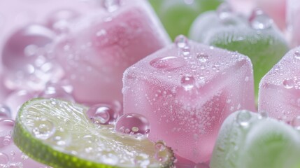 A close-up of pink and green gummy bear ice cubes, with a lime slice and water droplets creating an artistic pattern.