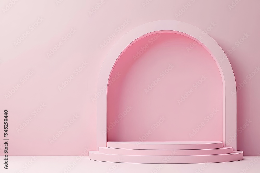 Poster Pink gradient light background with studio backdrops. White display area for showing products. Realistic 3D rendering.
