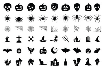 Halloween icons. Set of Halloween vintage icons and silhouettes isolated on white background. A set of assorted illustrations for Halloween collection of black silhouette. Vector illustration.