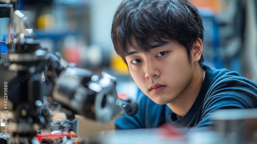 Aufkleber a young man is looking at a machine with a serious expression on his face