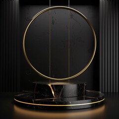 07231101 54. Luxurious circular podium, black and gold design, minimalist style, dark backdrop, thin golden ring above, elegant product display, 3D rendered, high contrast, subtle reflections, modern