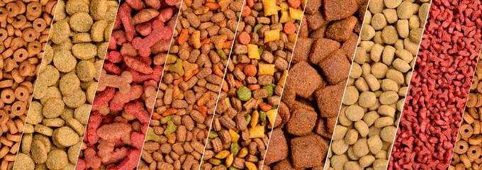 Collage from a set of dry food for dogs and cats. Pet Food Texture. Wide format banner.