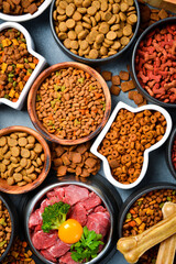 Dry pet food with natural ingredients. Raw meat in a bowl for pets. A set of different fodder and food for dogs or cats.