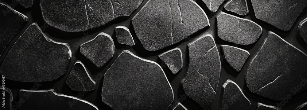Poster the background is black with a dark rock texture. the design is printed on a black stone background 