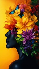 A vibrant silhouette adorned with a colorful floral headdress, symbolizing beauty and nature's harmony.
