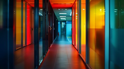Modern Office Corridor with Colorful Lights