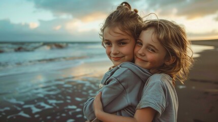 Children Hugging on Beach