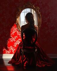 A woman in a stunning red dress sits in front of a vintage mirror, capturing elegance and introspection in a beautifully lit scene.
