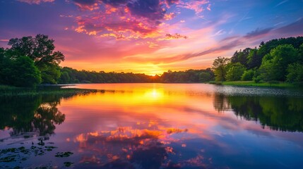 Stunning Sunset Over a Calm Lake, Vibrant Reflections on Water, Surrounded by Lush Greenery and Silhouetted Trees