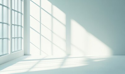Abstract minimalist gray background with light and shadow of window curtains on wall for product presentation.