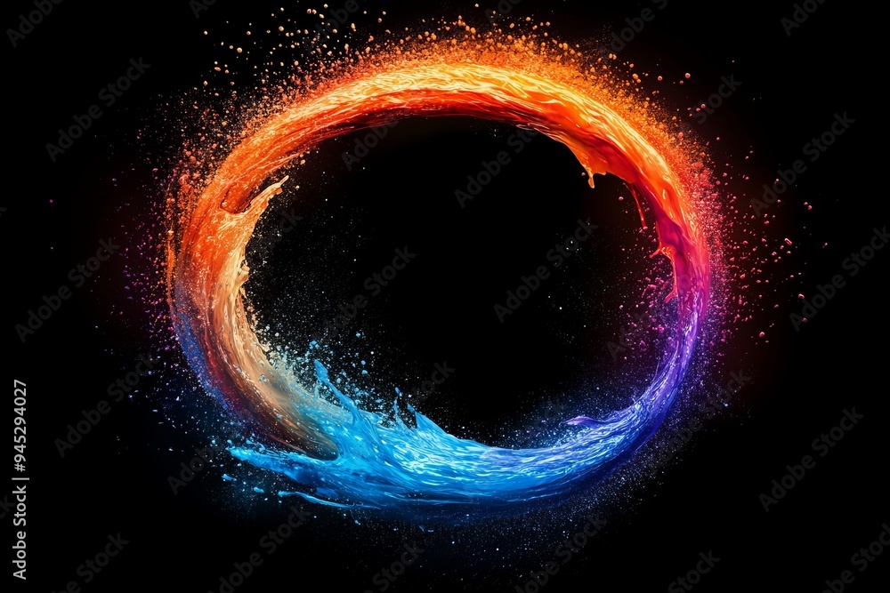 Aufkleber a colorful curved wave pattern with paint drops on a black background illustrates abstract circle li