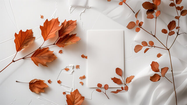 A versatile and customizable image featuring a blank white card surrounded by autumn leaves. perfect for planners, calendars, and other printed materials.