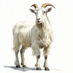 Fototapeta premium A majestic white goat with impressive horns, showcasing its unique character and charm against a plain background.