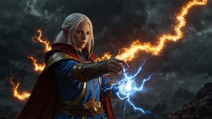  A mage controlling elemental forces, holding lightning and fire in their hands.