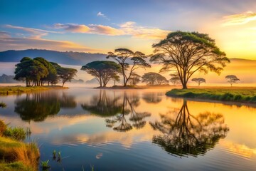 Silvery morning mist hugs the lake's tranquil surface as the first light of dawn creeps over the rolling hills and towering Acacia trees in a peaceful atmosphere.