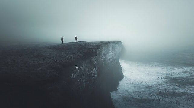 Eerie Ghosts on Misty Cliff overlooking the Ocean - Halloween Spooky Atmosphere with Grey Skies