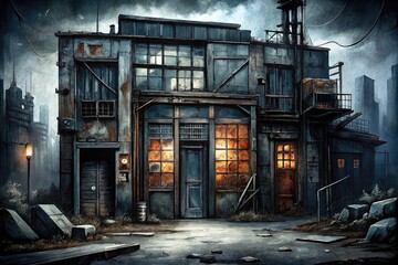 Old industrial building with lit windows at night.