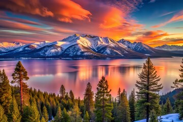 Obraz premium Majestic Tahoe peak sunset pinkish orange hues snowy mountain tops