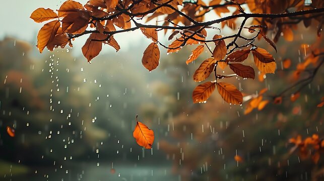 Autumn Rain And Falling Leaves